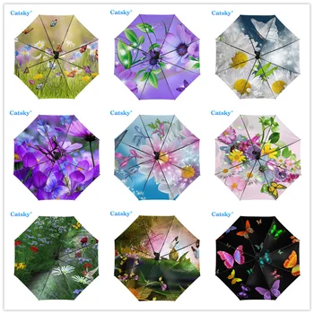 Цветы и бабочки, полностью автоматический трехстворчатый зонт с черным покрытием для защиты от ультрафиолета, женский зонтик от дождя